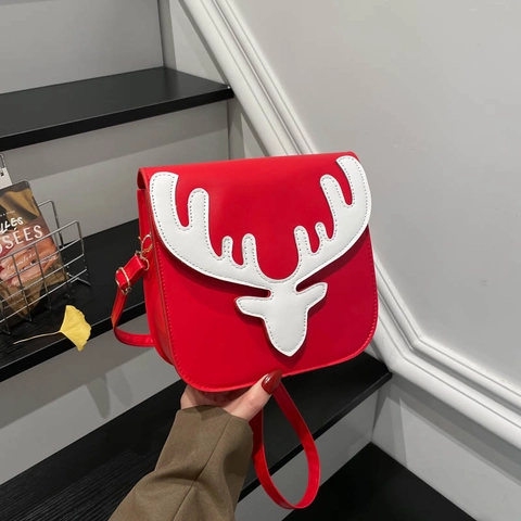 Women Fashion PU Leather Reindeer Head Crossbody Bag Christmas Holiday Single Shoulder Small Square Bag Festive Contrast Color Messenger Purse