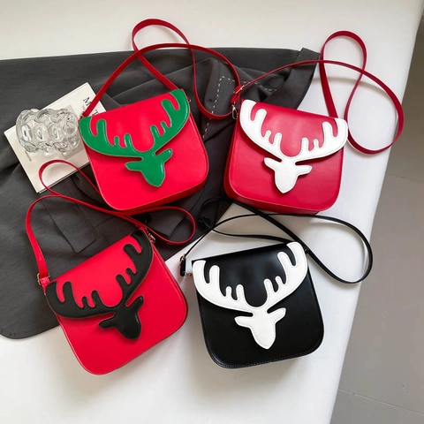 Dames Rendier Gewei Crossbodytas Schattige Kerstmis Rendier Kleine Vierkante Schoudertas PU Leer Feestelijke Party Tas Cadeau