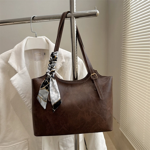 Borsa Tote Vintage In Similpelle Da Donna Grande Capacità Borsa A Tracolla Da Ufficio Con Sciarpa Decorativa Cuciture A Contrasto Elegante