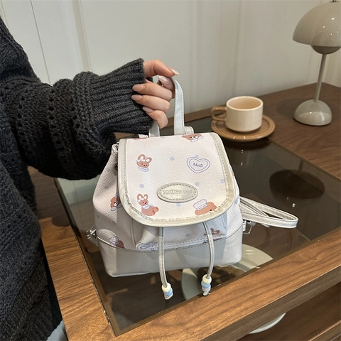 Mini Mochila de Dibujos Animados para Mujer Kawaii Oso Conejo Estampado Cuero PU Dulce Color de Contraste Bolsa Pequeña