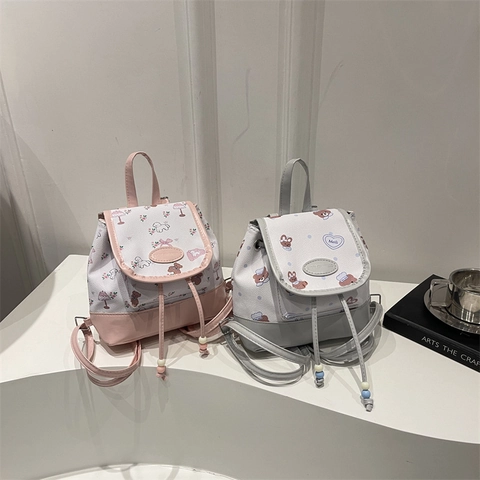 Mini Mochila de Dibujos Animados para Mujer Kawaii Oso Conejo Estampado Cuero PU Dulce Color de Contraste Bolsa Pequeña