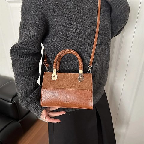 Damen Leoparden Patchwork Umhängetasche Vintage PU Leder Schultertasche Geflochtener Griff Kleine Quadratische Handtasche Mode Satchel