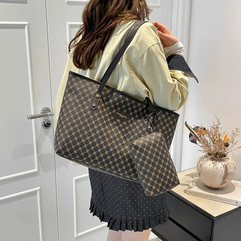 Borsa Tote da Donna alla Moda con Stampa Monogramma in Pelle PU Grande Capacità Borsa da Pendolare e Set di Bustine