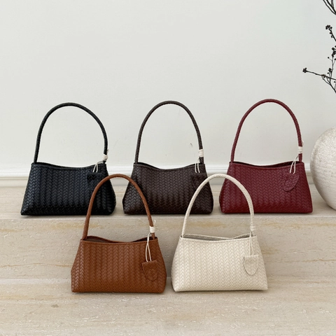 Bolso de Axila Tejido para Mujer Cuero PU Bolso de Hombro Retro Minimalista Color Sólido Bolso de Mano Chic Moda Bolso