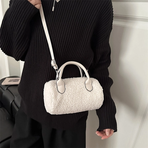 Sac à Main Cylindrique en Laine d'Agneau Style Coréen pour Femmes Petit Sac Bandoulière en Peluche avec Sangle en Similicuir