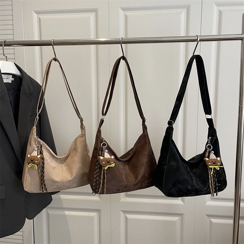 Borsa a Spalla Donna Grande Capacità Retro Hobo Tote Bag Texture Scamosciata Pelle Sintetica Borsa da Pendolare con Orsetto