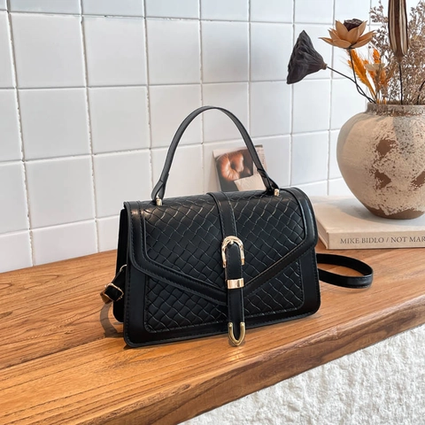 Women Fashion Woven Texture PU Leather Shoulder Bag Vintage Gold Metal Clasp Crossbody Handbag Casual Solid Color Small Square Bag