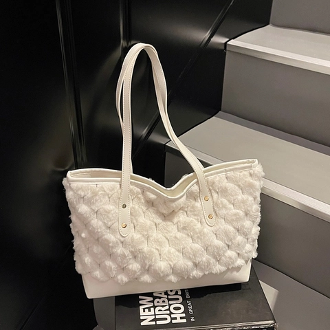 Women Autumn Winter Plush PU Leather Patchwork Tote Bag Large Capacity Bubble Texture Shoulder Bag With Rivets