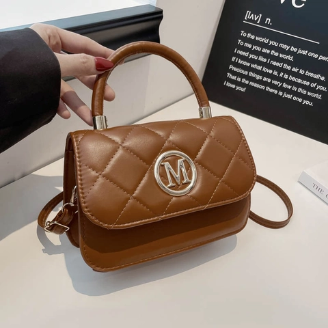 Women Quilted Square Bag Trendy PU Leather Retro Shoulder Crossbody Handbag Top Handle Gold Metal M Logo Casual Satchel