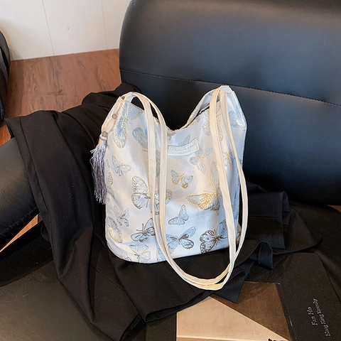 Bolso de Hombro para Mujer Con Bordado de Mariposa y Borla Textura de Satén Elegante Bolso de Mano para Diario