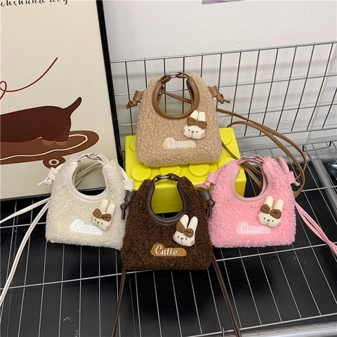 Dames Mini Pluche Handtas Zachte Lamswol Crossbody Tas Schattige Konijn Pop Strik Borduurwerk Schoudertas Magnetische Gesp Tas