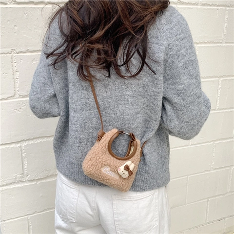 Petit Sac Bandoulière Mignon en Peluche Lapin Pour Femmes Sac à Épaule en Laine Avec Broderie de Lettres Mode