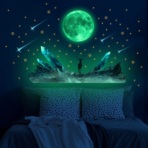 Stickers Muraux Lumineux En PVC Lune Étoiles Cerf Montagne Décalcomanies Fluorescentes Pour Décoration De Chambre Et Salon