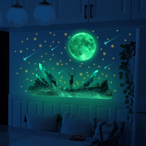 Stickers Muraux Lumineux En PVC Lune Étoiles Cerf Montagne Décalcomanies Fluorescentes Pour Décoration De Chambre Et Salon
