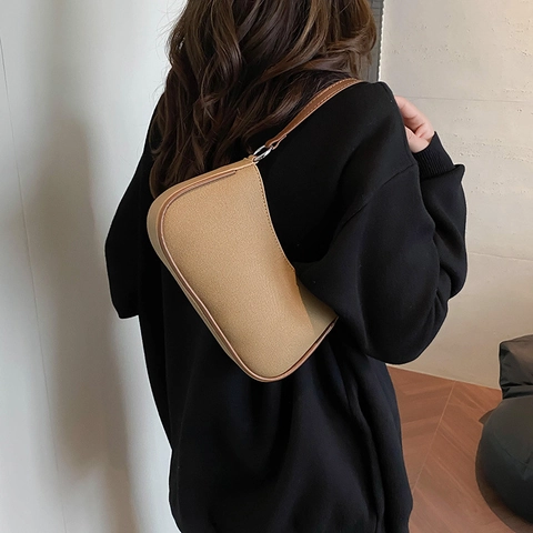 Damen Vintage PU-Leder Segeltuch Kontrast Unterarmtasche Mode Schultertasche Vielseitige Kleine Baguette Handtasche Verstellbar