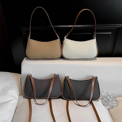 Damen Vintage PU-Leder Segeltuch Kontrast Unterarmtasche Mode Schultertasche Vielseitige Kleine Baguette Handtasche Verstellbar