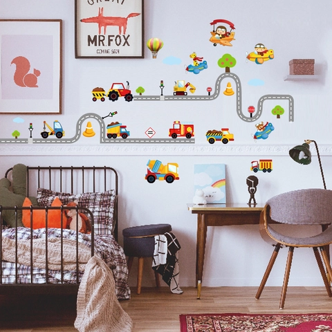 Pegatinas De Pared De Transporte De Dibujos Animados PVC Vehículos De Construcción Avión Para Habitación De Niños Decoración Impermeable