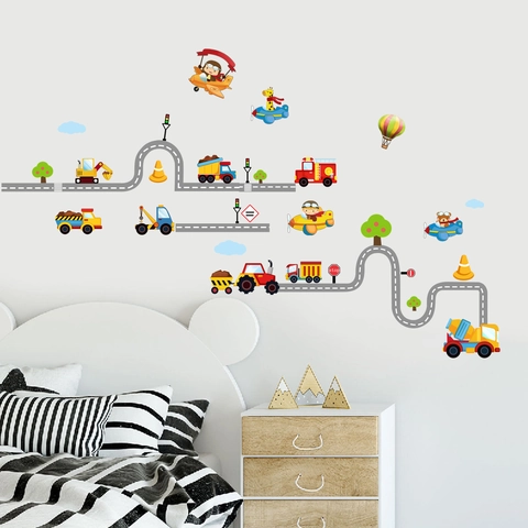 Pegatinas De Pared De Transporte De Dibujos Animados PVC Vehículos De Construcción Avión Para Habitación De Niños Decoración Impermeable
