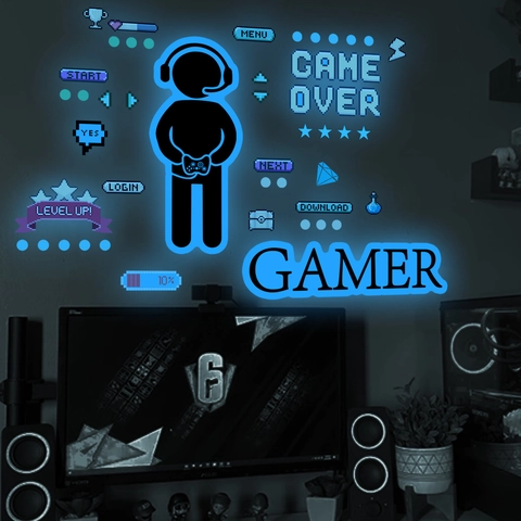 Lichtgevend Gamecontroller Muursticker Gamer Decal PVC Pixelkunst Voor Gamingkamer Slaapkamer Tiener DIY Huisdecoratie