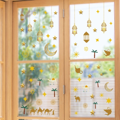 Ramadan Eid Mubarak Window Stickers Gold Static Cling Moon Star Lantern Camel Palm Tree Decals Decorative Home Clings