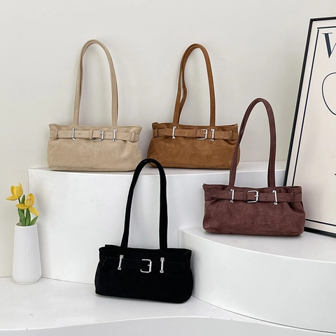 Women Retro Suede Underarm Shoulder Bag With Metal Buckle Belt Decoration Commute Solid Color Rectangular Handbag