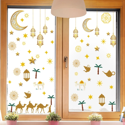 Ramadan Eid Mubarak Window Stickers Gold Moon Star Lantern Camel Palm Tree PVC Static Clings Home Decor Wall Decals