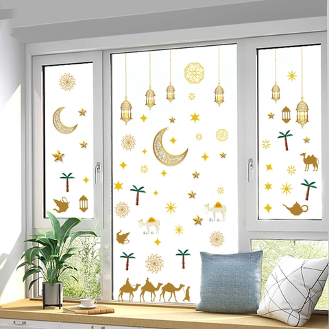 Ramadan Eid Mubarak Window Stickers Gold Static Cling Moon Star Lantern Camel Palm Tree Decals Decorative Home Clings