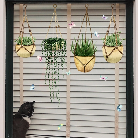 Fensteraufkleber Statisch PVC Aquarell Hängende Pflanzen Topfgrün Schmetterlinge Doppelseitige Dekorative Aufkleber