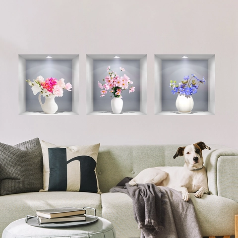 3D Vensterzicht Bloemen Muurstickers Realistische Vaas Bloemen Nis Ontwerp Zelfklevende PVC Decals Voor Woonkamer Slaapkamer Home Decor