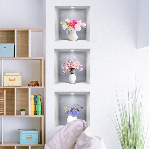 3D Vensterzicht Bloemen Muurstickers Realistische Vaas Bloemen Nis Ontwerp Zelfklevende PVC Decals Voor Woonkamer Slaapkamer Home Decor