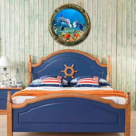 Sticker Mural Hublot Sous-marin 3D PVC Rond Vie Océanique Animaux Marins Décalcomanie Pour Chambre Salon Enfant
