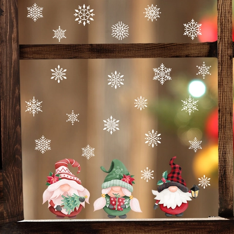 Christmas Gnome Window Stickers PVC Snowflake Decals Self Adhesive Festive Glass Wall Decor For Home Office