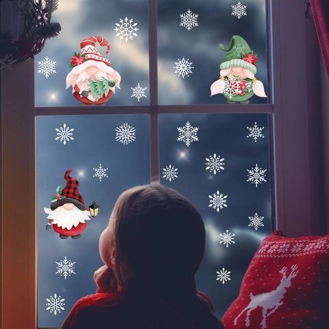 Christmas Gnome Window Stickers PVC Snowflake Decals Self Adhesive Festive Glass Wall Decor For Home Office