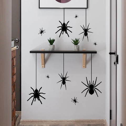 Autocollants Muraux Halloween Silhouettes Araignée Chauve-Souris Noires Décalcomanies PVC Amovibles Pour Décoration De Maison Salon Fête
