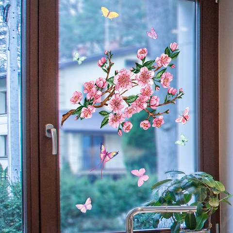 Pruimenbloesem Tak Vlinder Venstersticker Statische Kleefstof Dubbelzijdig Zichtbaar PVC Decoratieve Muursticker Voor Glas