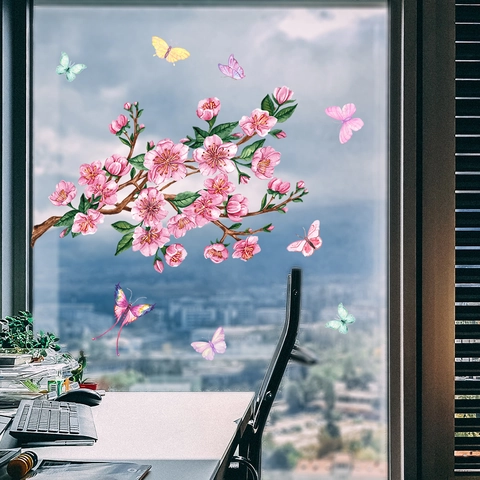 Pruimenbloesem Tak Vlinder Venstersticker Statische Kleefstof Dubbelzijdig Zichtbaar PVC Decoratieve Muursticker Voor Glas
