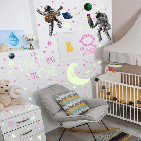 Pegatinas De Pared Luminosas PVC Brillan En La Oscuridad Espacio Astronauta Estrellas Luna Patrones Dormitorio Infantil Decoración