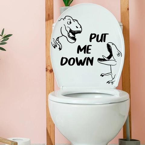 Divertente Adesivo per Coperchio del Gabinetto Slogan Dinosauro Put Me Down PVC Impermeabile Decalcomania Bagno Creativo Decorazione