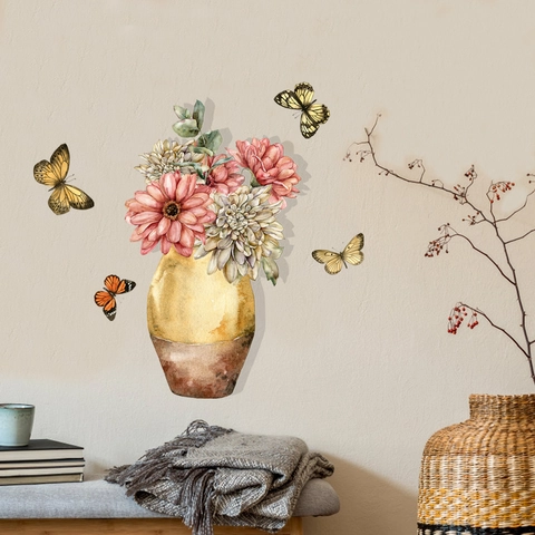 Watercolor Vase Flower Butterfly Wall Sticker PVC Self-Adhesive Removable Decal For Living Room Bedroom Home Wall Decor