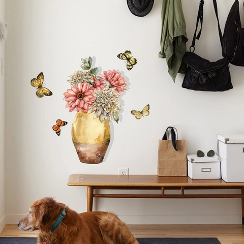 Watercolor Vase Flower Butterfly Wall Sticker PVC Self-Adhesive Removable Decal For Living Room Bedroom Home Wall Decor