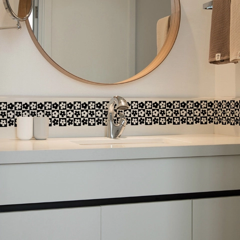 Schwarz Weiß Schachbrett Floral Wand Taille Aufkleber Wasserdicht PVC Abnehmbare Bordüre Dekor Für Wohnzimmer Badezimmer Zuhause