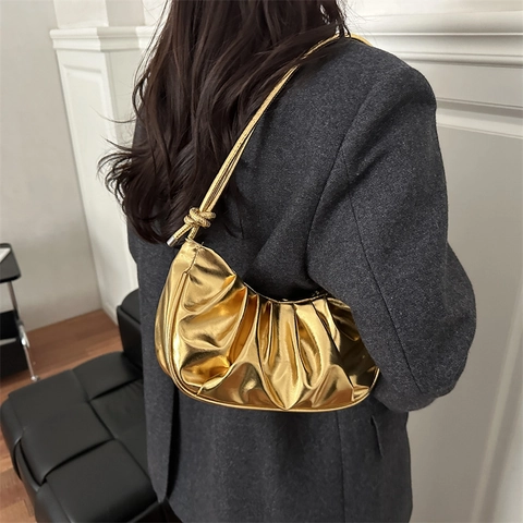Bolso Bandolera Hobo Plisado Para Mujer Cuero PU Metálico Bolso De Hombro Fruncido Con Correa Anudada Forma De Nube Minimalista