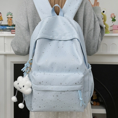 Kids School Backpack Star Print Large Capacity Nylon Bag With Cloud Pendant For Girls Students Japanese Style Daypack
