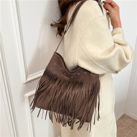 Damen Boho Wildlederimitat Fransen Umhängetasche Retro Quasten Schultertasche Mit Metallösen Lässige Große Handtasche