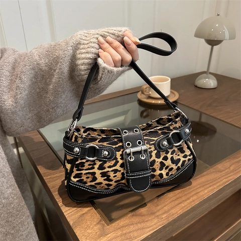 Damen Leopardenmuster Unterarmtasche Y2K Vintage Schultertasche PU Leder Handtasche Mit Metallschnalle Und Nieten Für Tägliche Mode