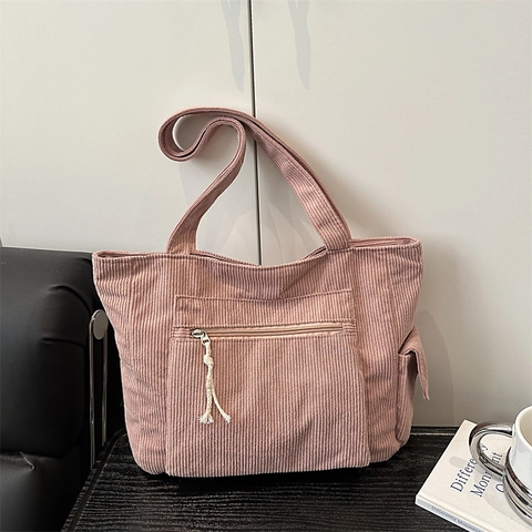 Large Capacity Corduroy Tote Bag With Front Zipper Pocket Minimalist Casual Women Shoulder Bag Retro Student Handbag