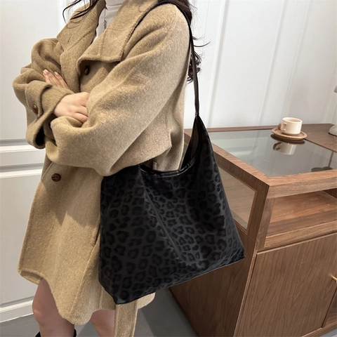 Sac À Épaule Imprimé Léopard Femme Grande Capacité Cabas En Tissu Décontracté Style Hobo Vintage Fermoir Magnétique