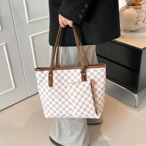 Women Tote Handbag And Pouch PU Leather Large Capacity Monogram Print Geometric Pattern Vintage Urban Simple Commute Shoulder Bag