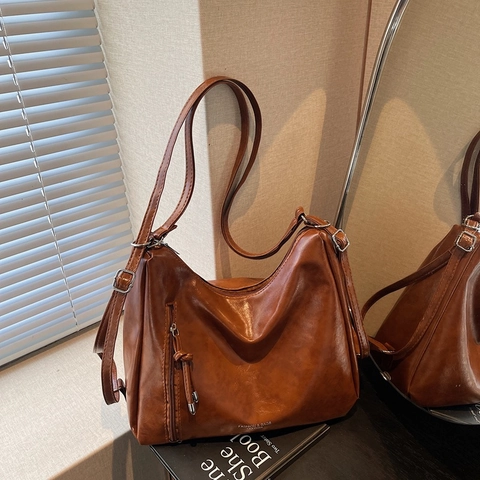 Bolso Hobo De Cuero PU Vintage Para Mujer Gran Capacidad Textura De Cera De Aceite Retro Bolso De Hombro Con Cremallera De Borla