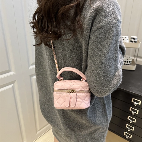 Damen Gesteppt Umhängetasche Mini Box Handtasche PU Leder Rautenmuster Kleine Schultertasche Mit Kette Und Griff